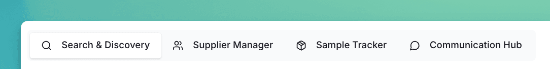 Supplier Hub interface showing four tabs: Search & Discovery, Supplier Manager, Sample Tracker, and Communication Hub