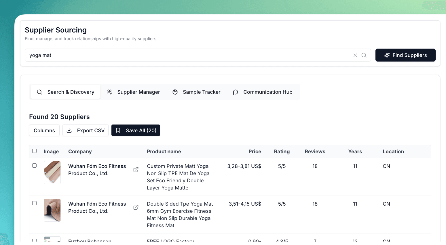 Search & Discovery tab showing product search interface with search results table displaying supplier information