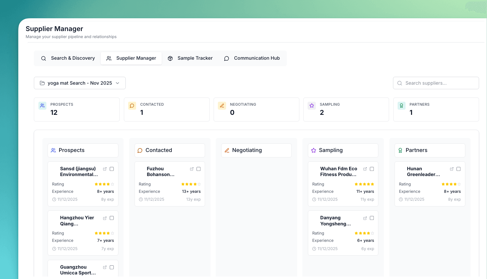 Supplier Manager kanban board showing saved suppliers organized in the Prospects stage