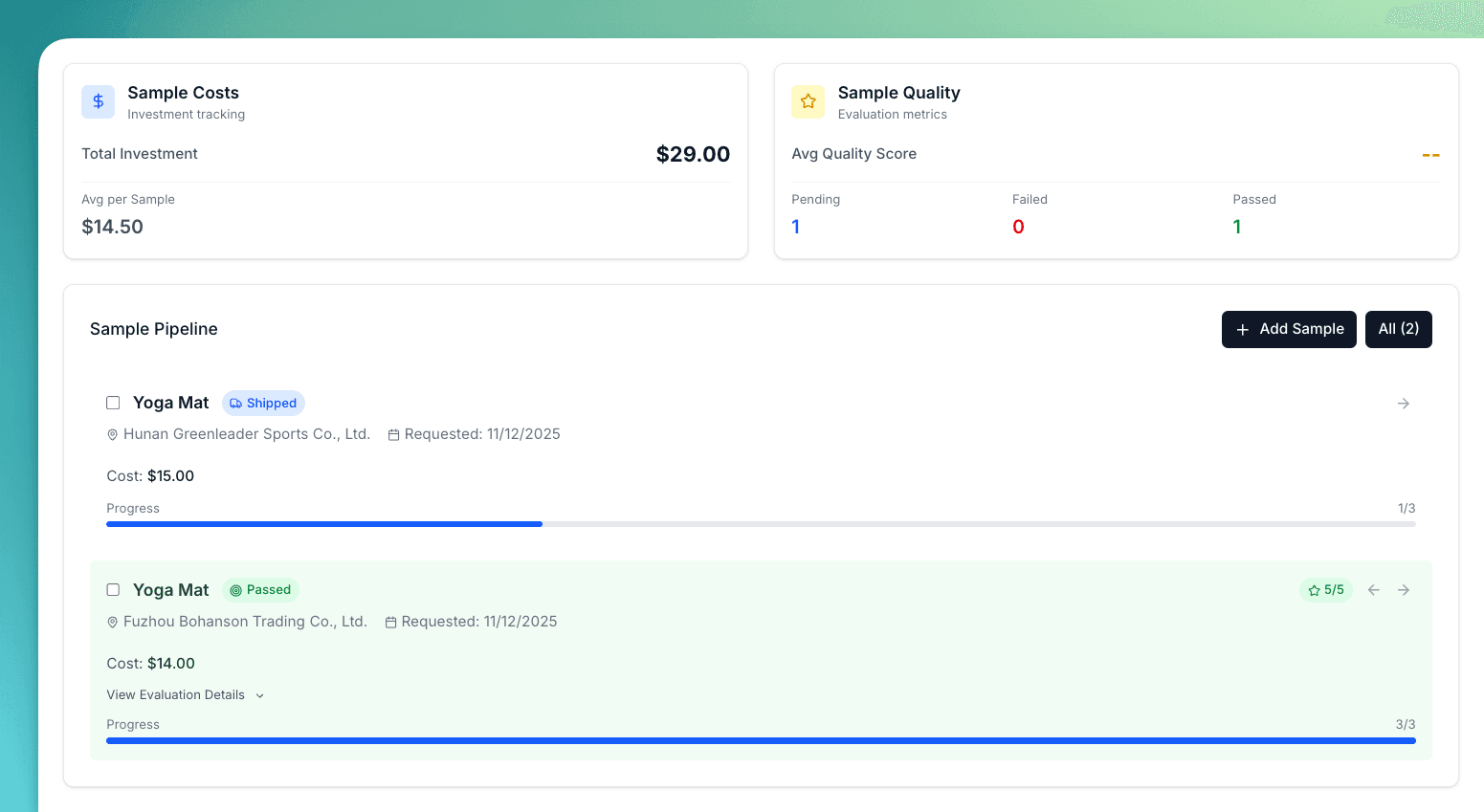 Sample Tracker interface showing sample pipeline with shipped, received, and evaluation stages