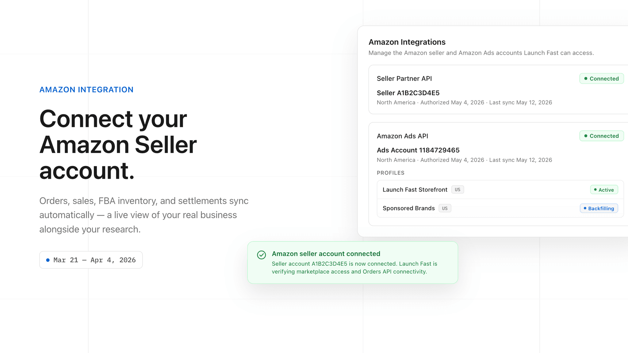 The Amazon Integrations settings card showing Seller Partner API and Amazon Ads API both with a green Connected status