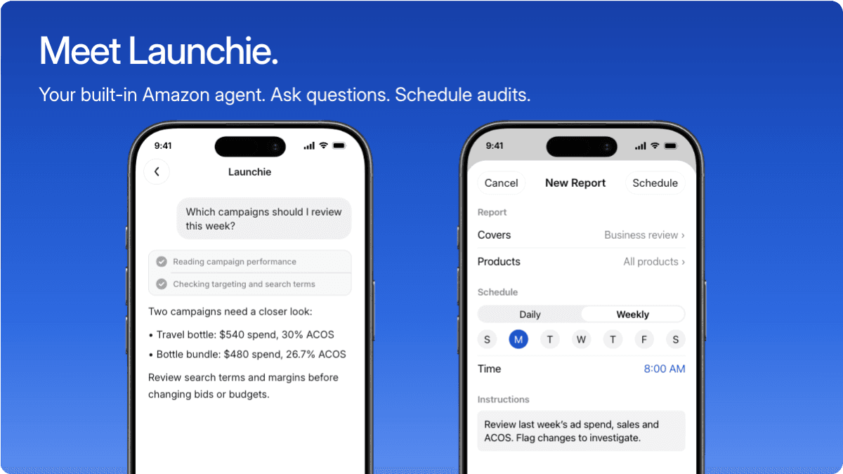 Two iPhone screens showing Launchie reviewing campaign performance in chat and a weekly audit setup with a chosen day, time, and review instructions.