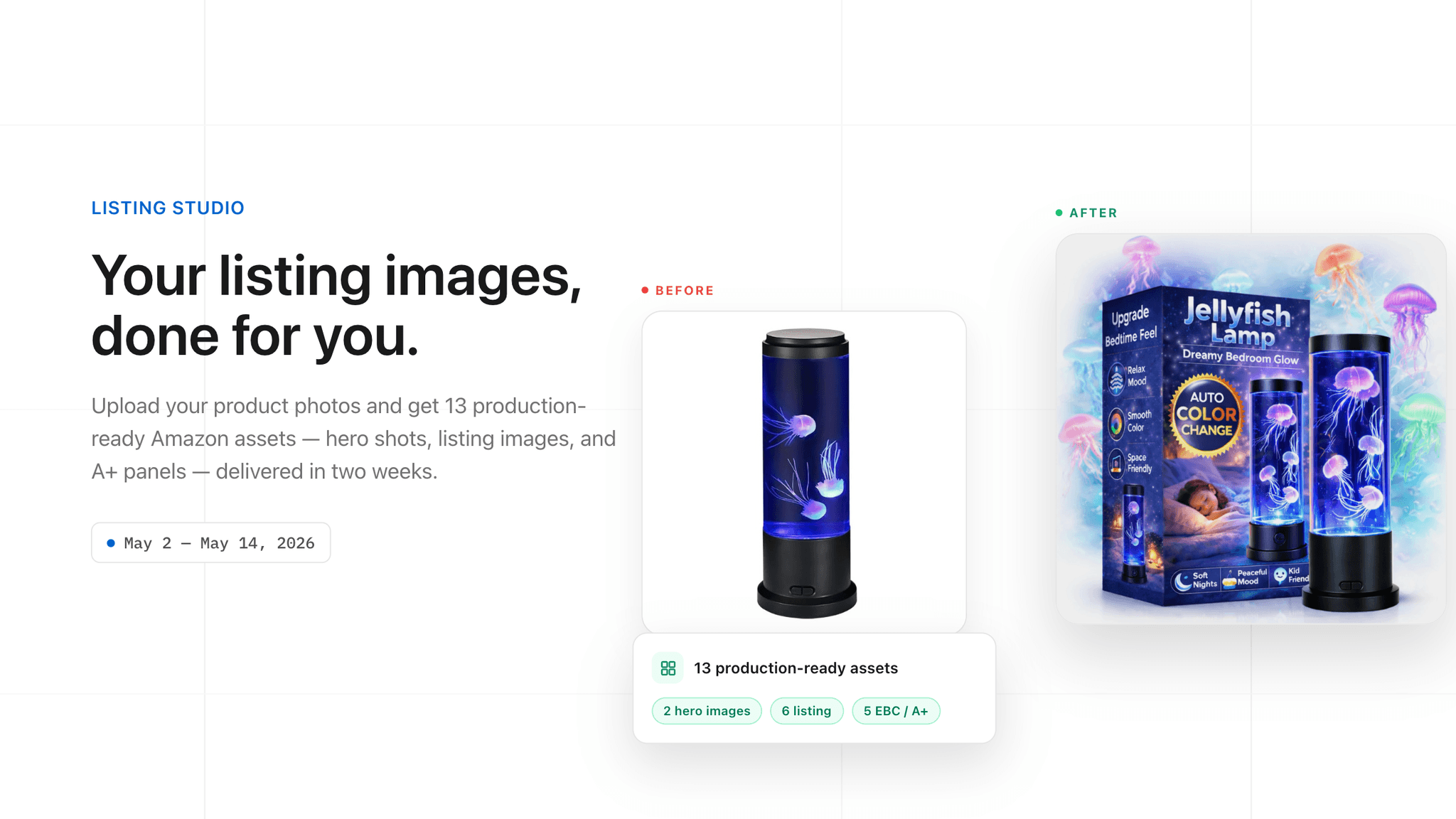 Before and after of an Amazon listing photo — a plain product shot next to a polished, optimized listing image