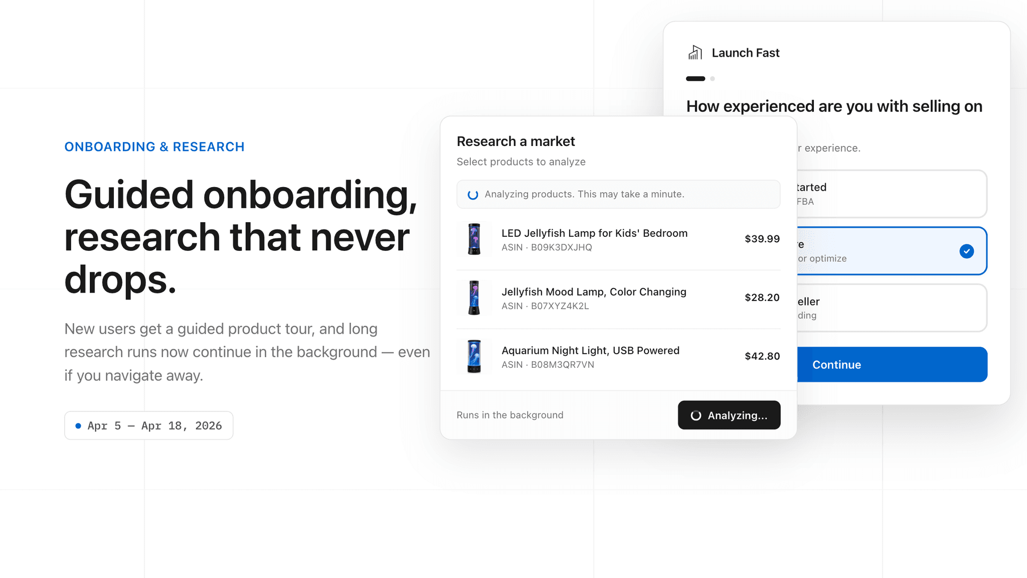 The onboarding question card next to the research modal in its running 'Analyzing...' state