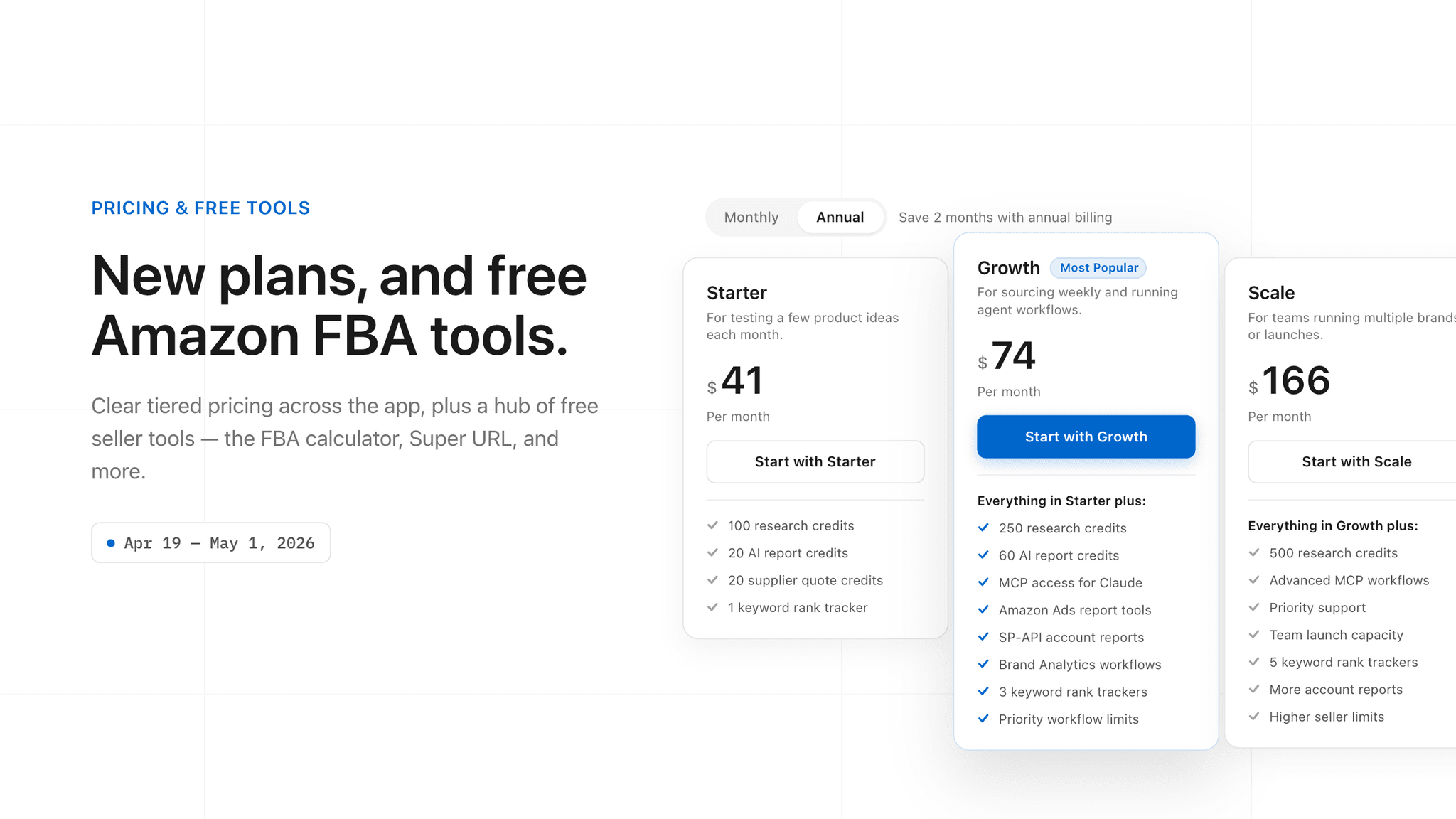 The three-tier Launch Fast pricing cards — Starter, Growth marked Most Popular, and Scale