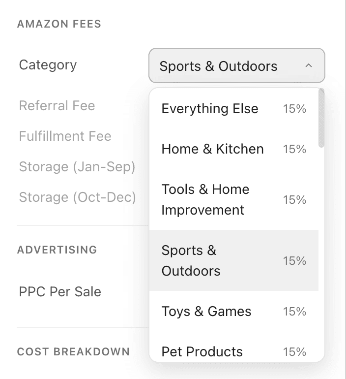 Category dropdown with referral fee percentages
