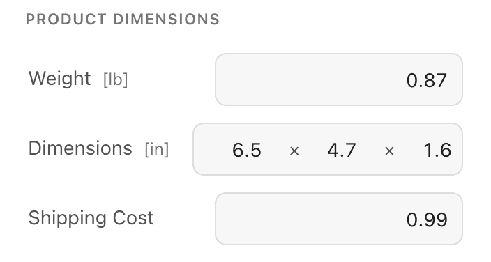 Weight, dimensions, and shipping cost input fields