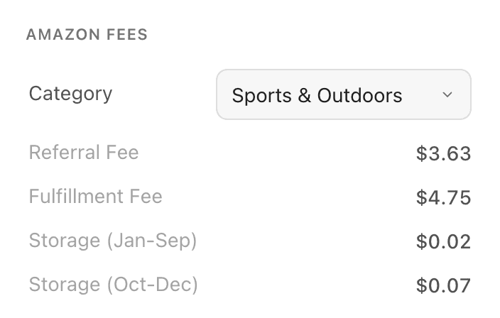 Amazon fee fields showing category, referral fee, fulfillment fee, and storage fees