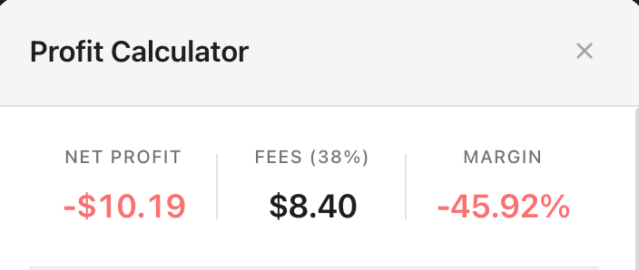 Summary cards showing net profit, fees, and margin percentage