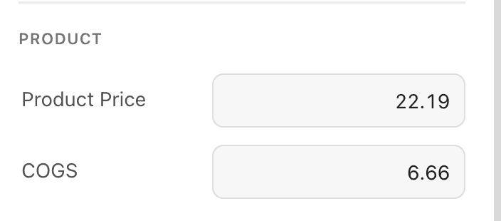 Product price and COGS input fields