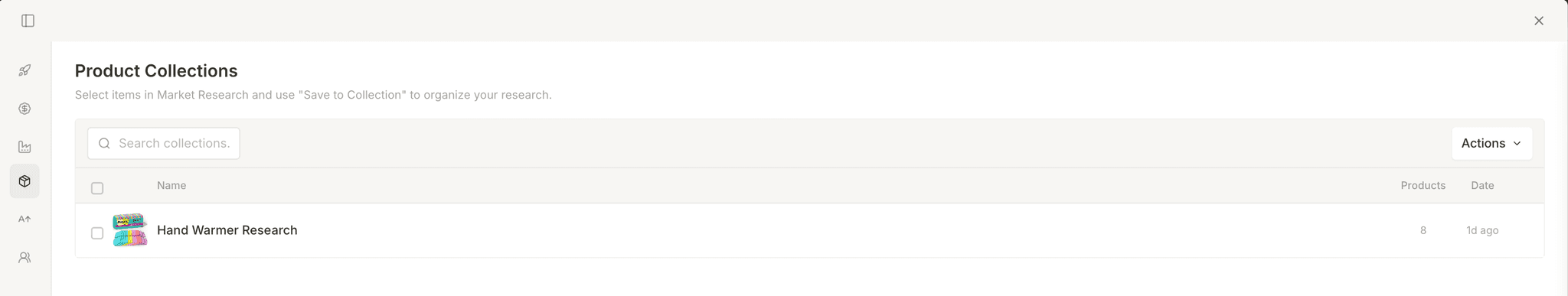Collections view in the modal sidebar showing three categories (Products, Keywords, Suppliers) with collection groups listed, item counts, and a product collection open with KPIs and a data table