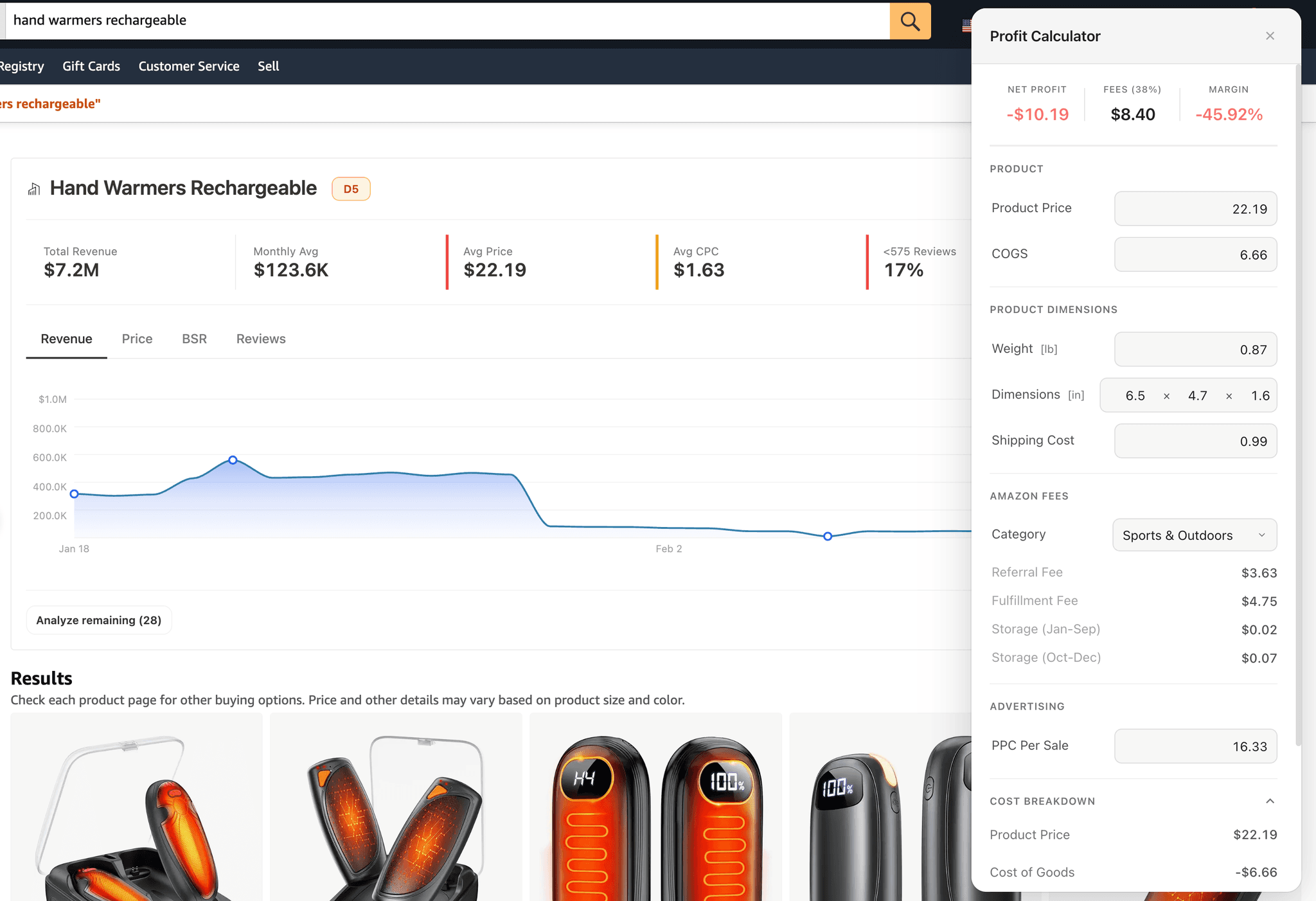 Profit calculator panel open inside the research modal showing input fields for price, COGS, weight, dimensions, and a category dropdown, with summary cards displaying net profit, fees, and margin percentage