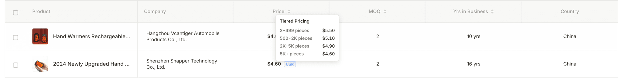 Tiered pricing tooltip showing quantity breaks and per-unit prices