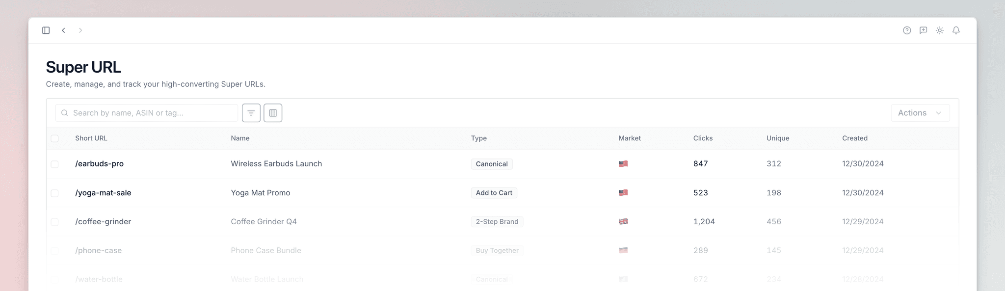 Super URL dashboard showing URL creation and analytics