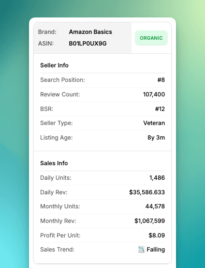 Screenshot showing product card with expanded Seller Info and Sales Info overlays