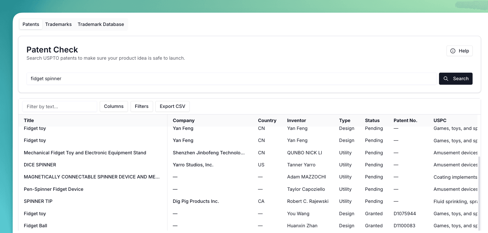 Patent Check Search Results