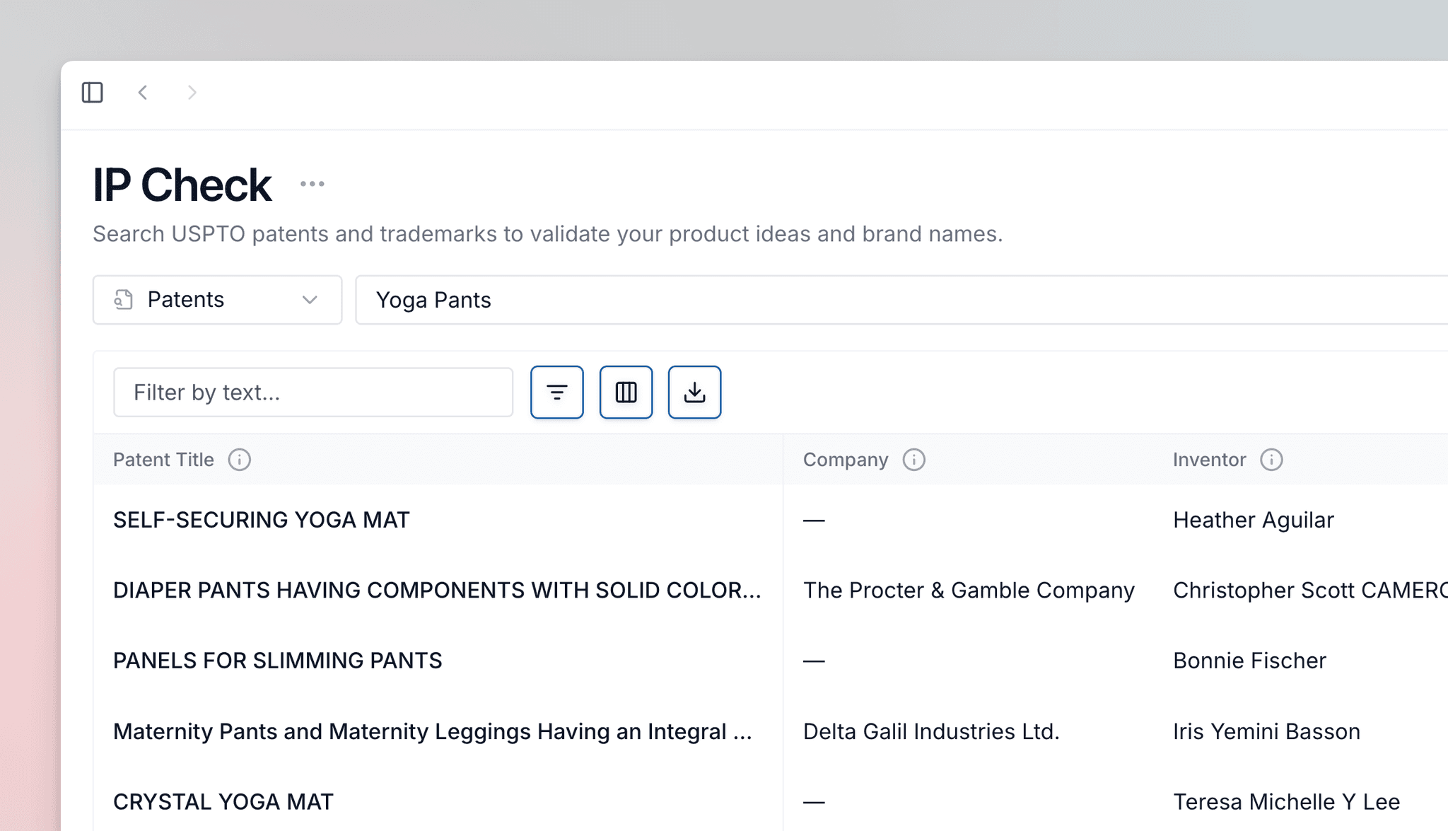 Patent Check Search Results