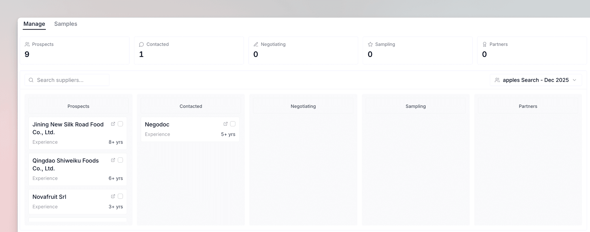 Supplier Manager kanban board showing saved suppliers