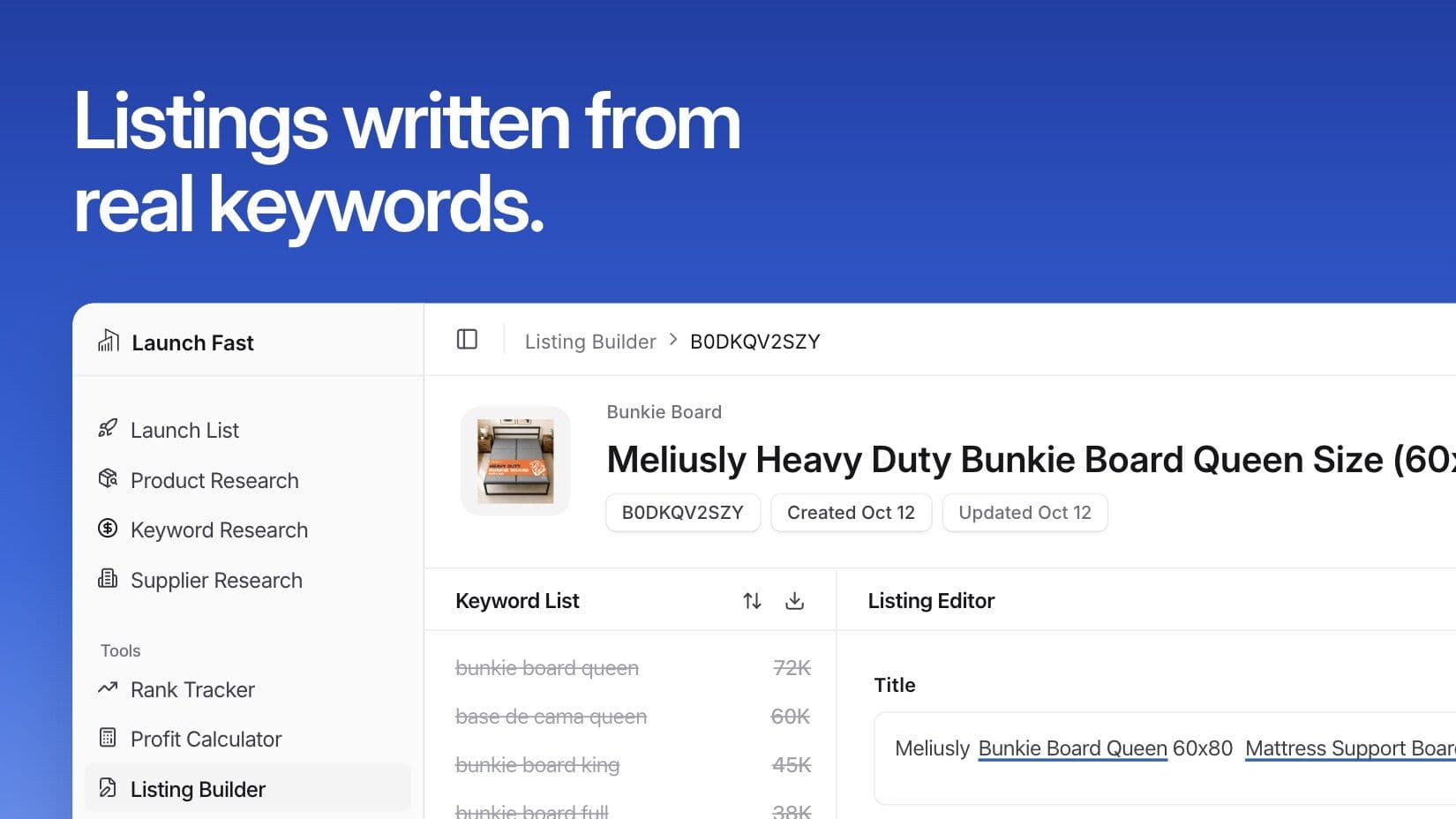 Listing Builder for a bunkie board, with placed keywords struck through in the keyword list and underlined in the title field of the listing editor. Illustrative data.