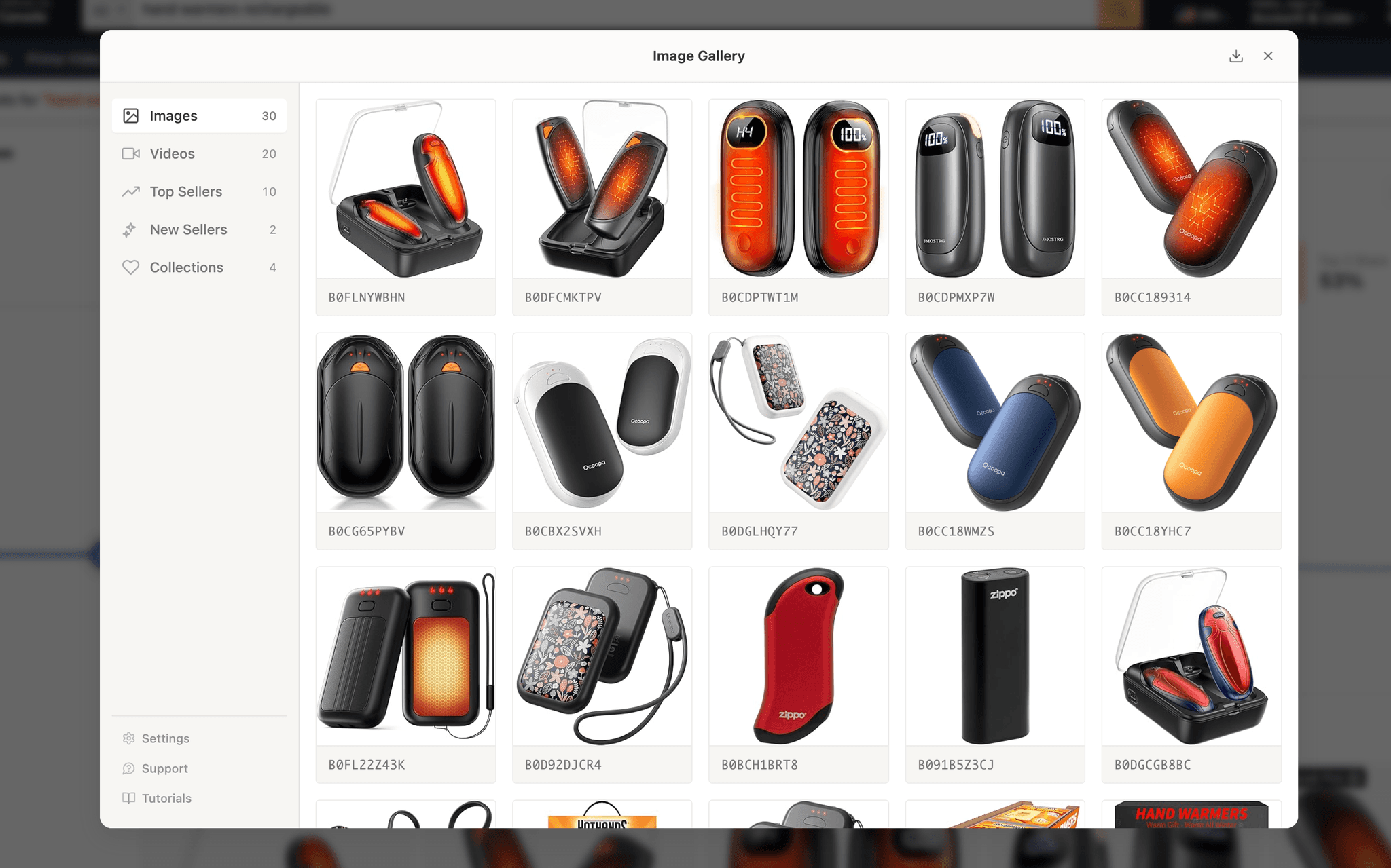 Image gallery modal showing a grid of product thumbnails from Amazon search results, with a sidebar showing category filters and a product count badge