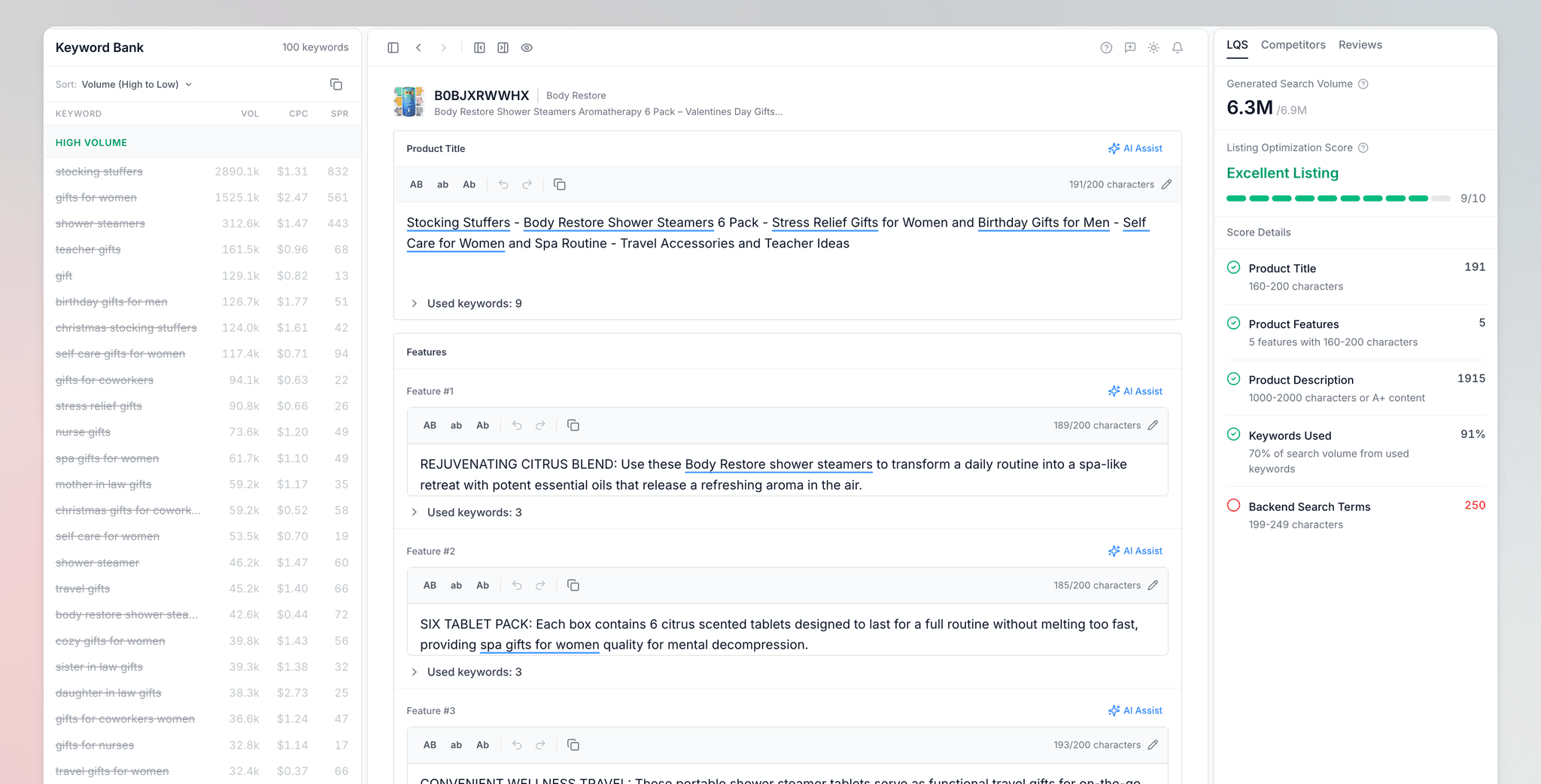 Listing Builder editor showing three-panel layout with keyword bank, listing editor, and competitor analysis