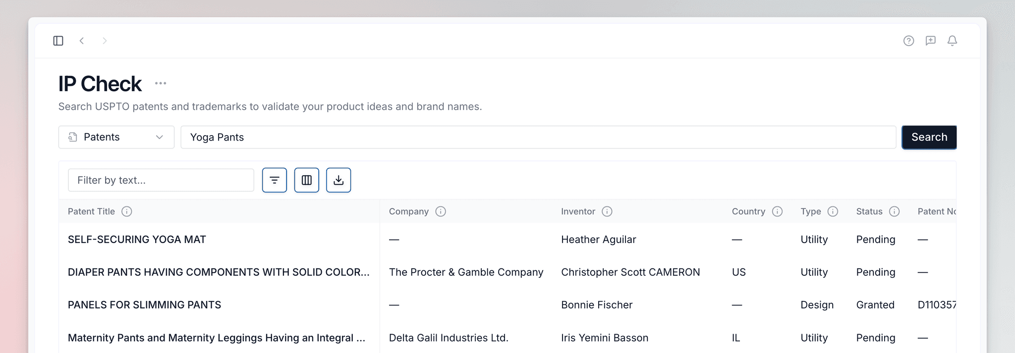 IP Check interface showing patent and trademark search results