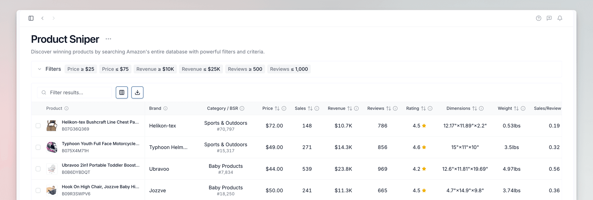 Product Sniper interface showing filter controls and product results