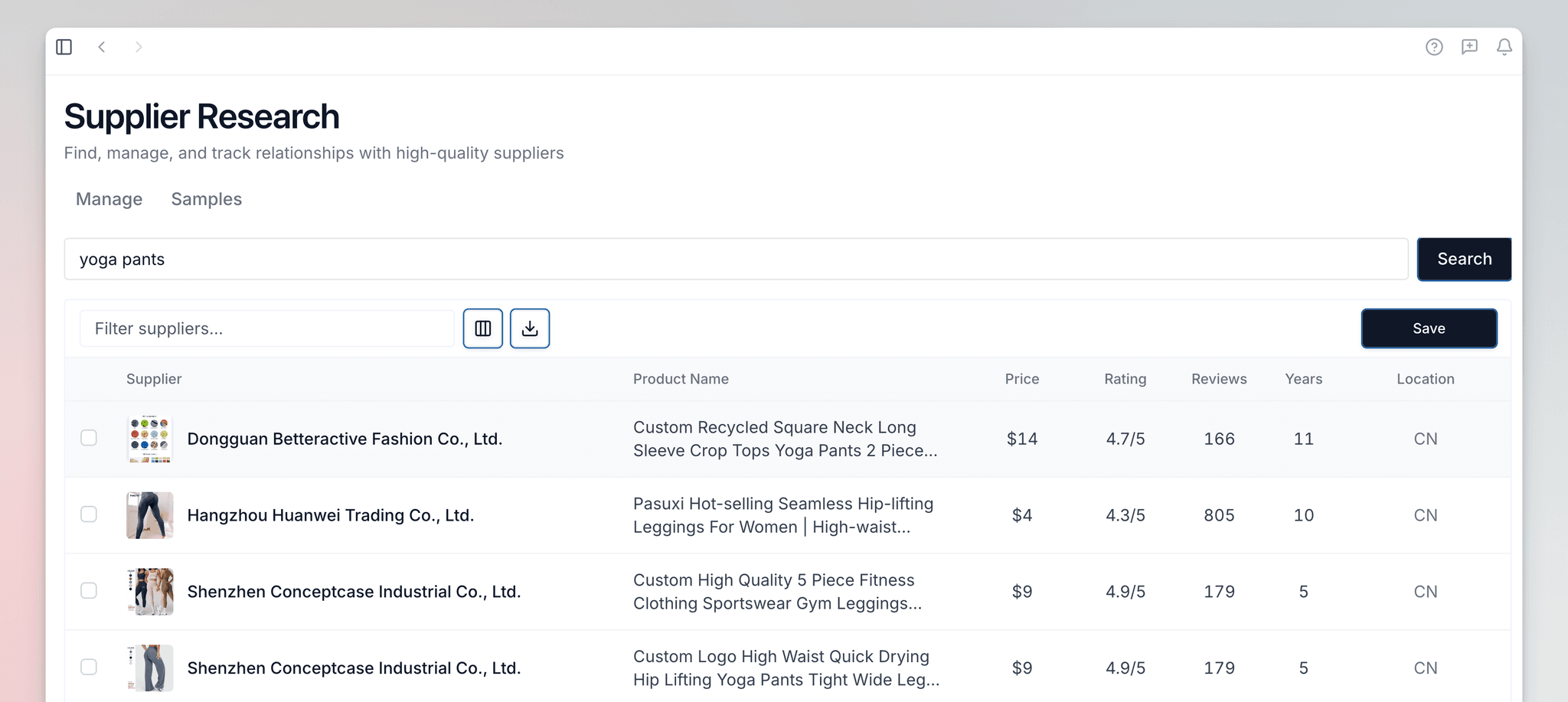 Supplier Research dashboard showing supplier search results and management interface