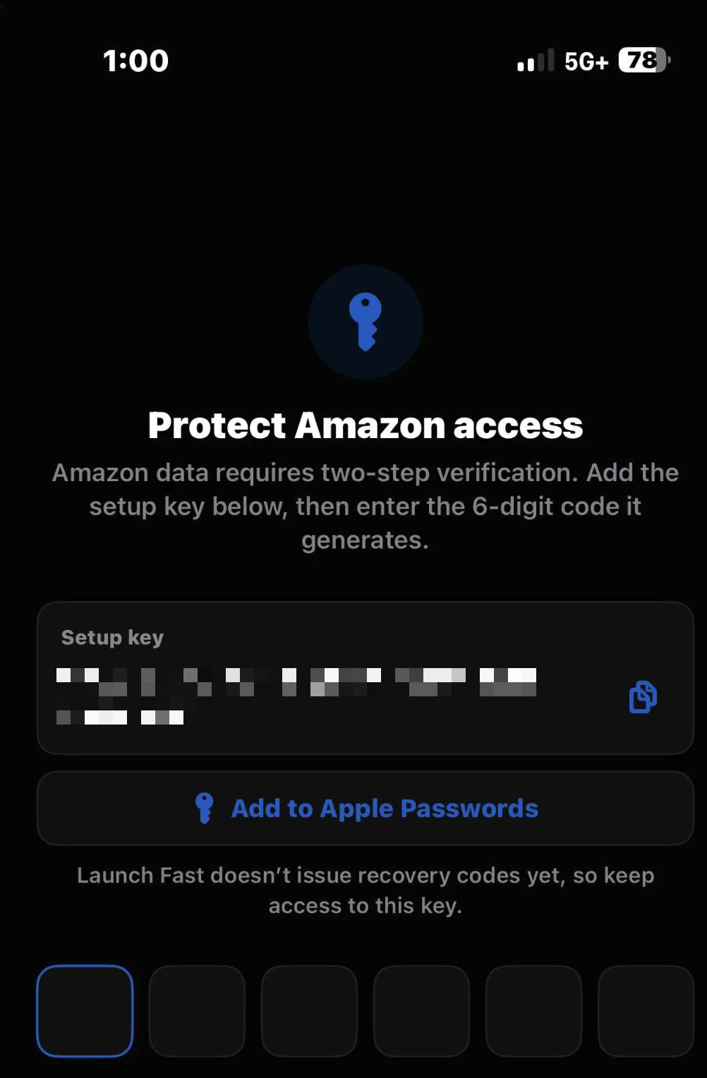 Launch Fast iPhone setup screen with the setup key hidden and Add to Apple Passwords button