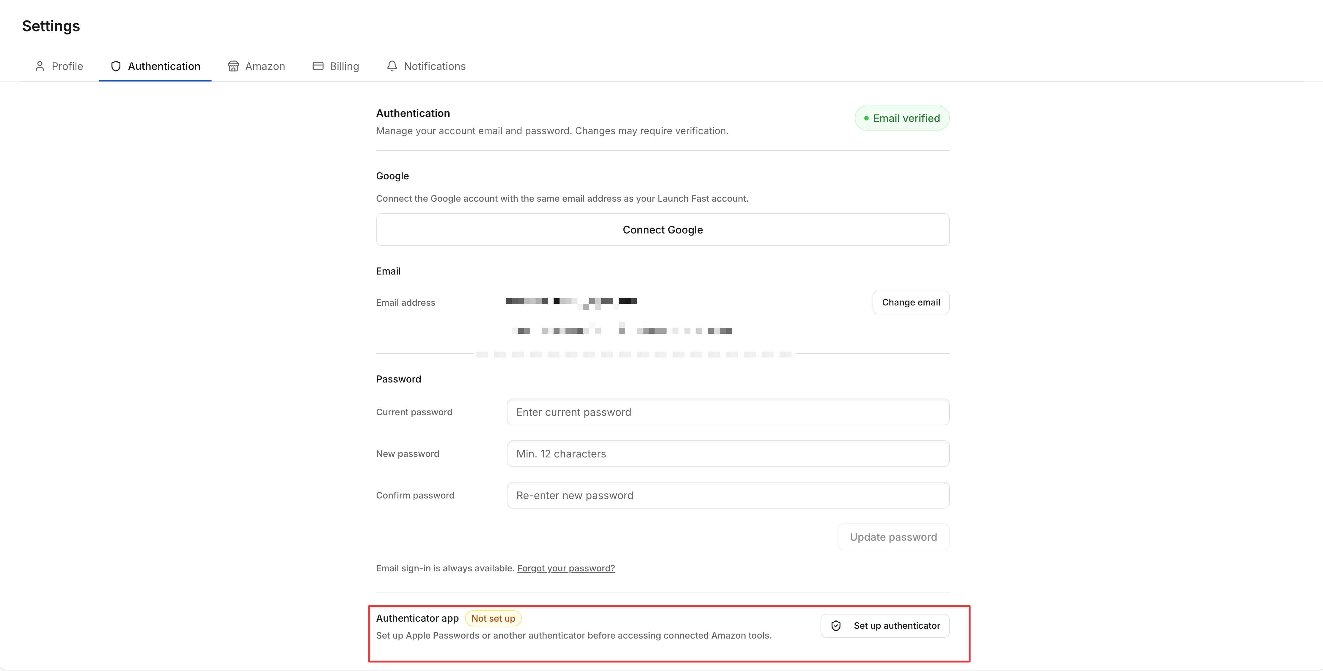 Launch Fast Authentication settings with Set up authenticator highlighted