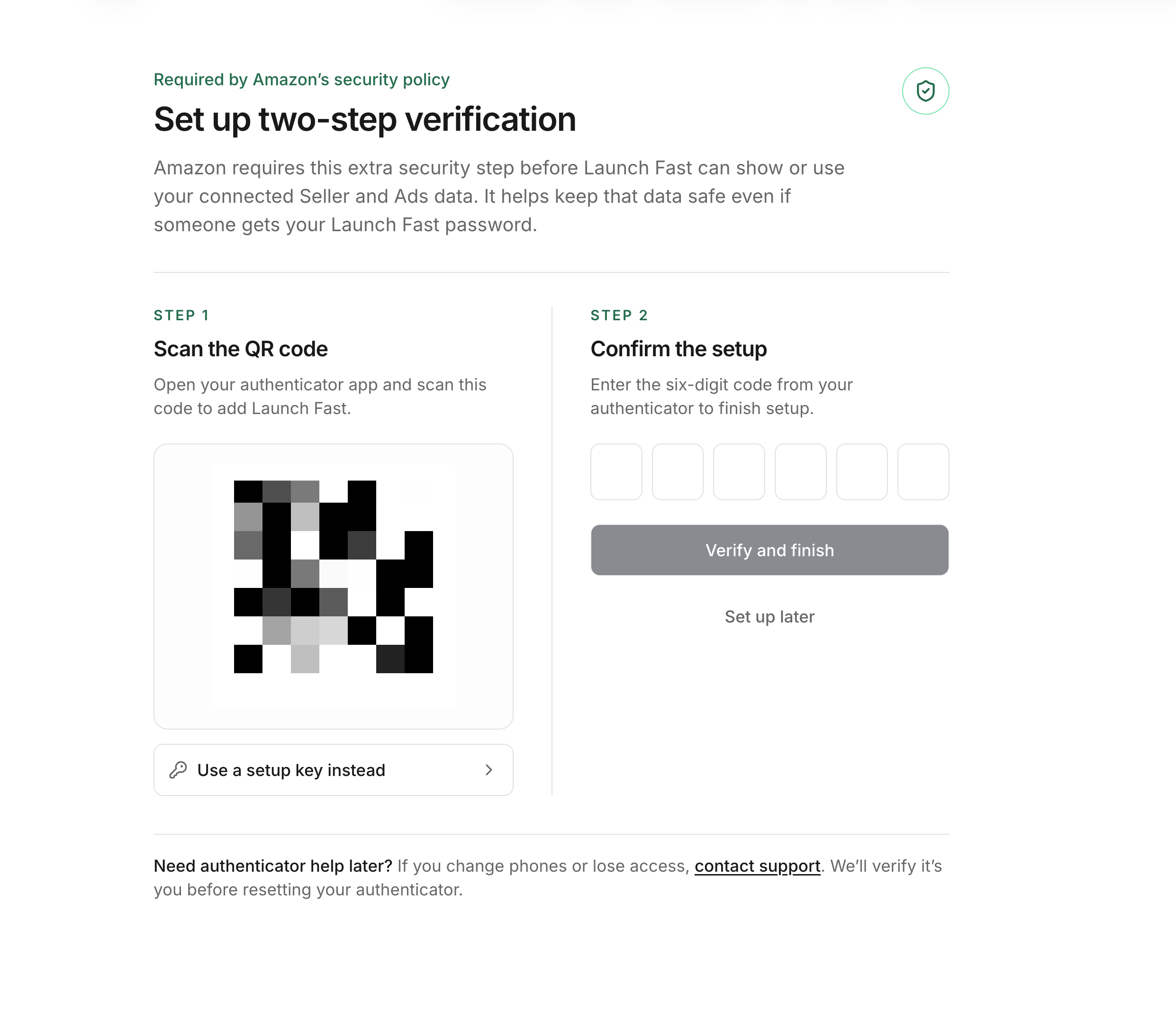 Launch Fast two-step verification page showing QR setup and six-digit confirmation, with the QR code obscured