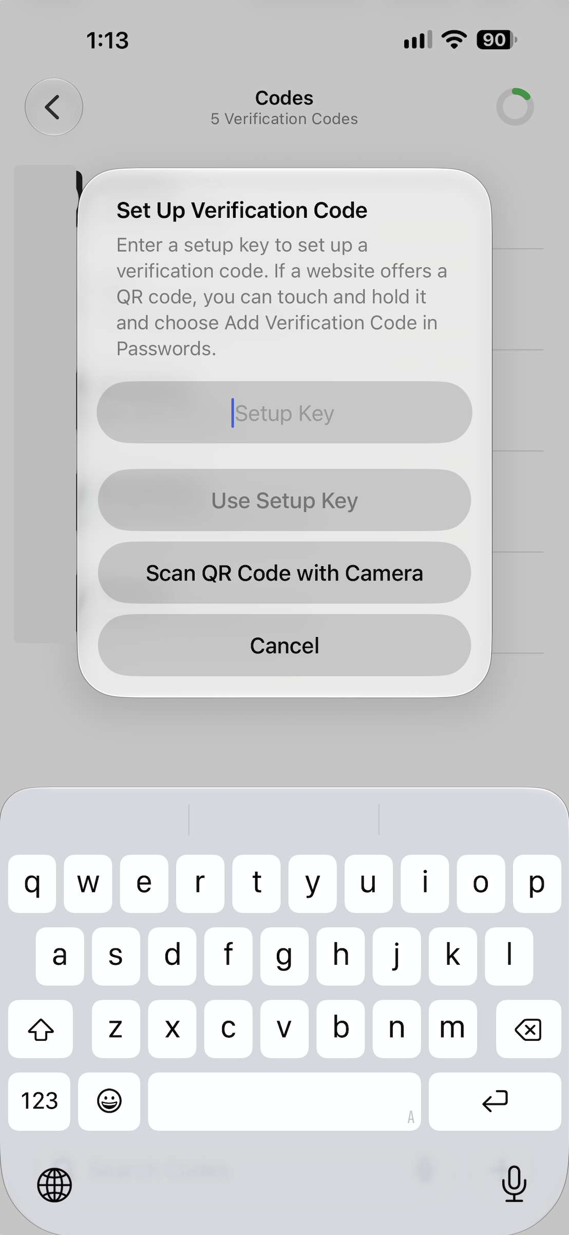 Apple Passwords Set Up Verification Code dialog with setup key and camera options