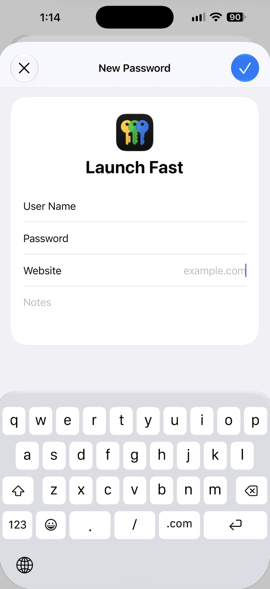Apple Passwords New Password form for a Launch Fast entry with blank account fields